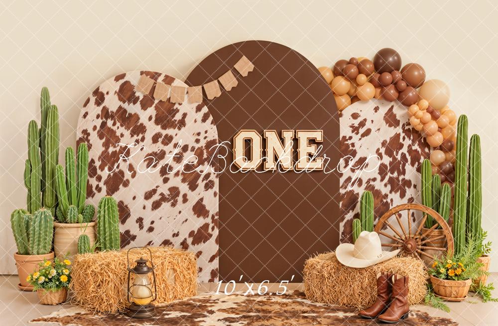 Kate Cake Smash Western Cow Print Cactus Hay One Birthday Printed Backdrop Designed by Emetselch