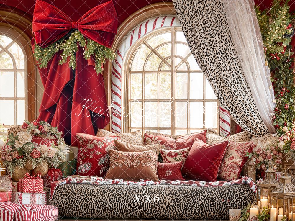 Kate Valentines Red Bow Leopard Curtain Window Floral Backdrop Designed by Emetselch