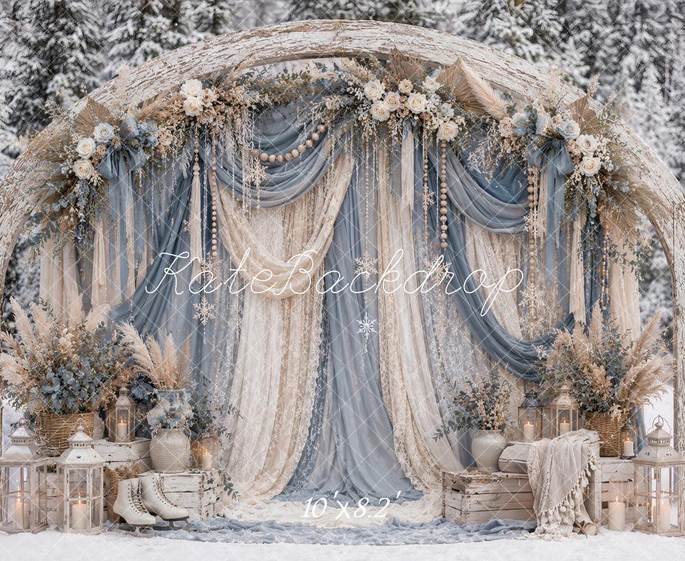 Kate Winter Christmas Flower Arch Blue Drapes Snowy Outdoor Printed Backdrop Designed by Ashley Paul