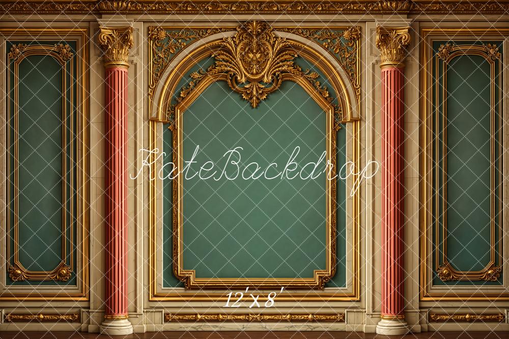 Kate Vintage Ornate Gold Arch Columns Green Wall Printed Backdrop Designed by Emetselch