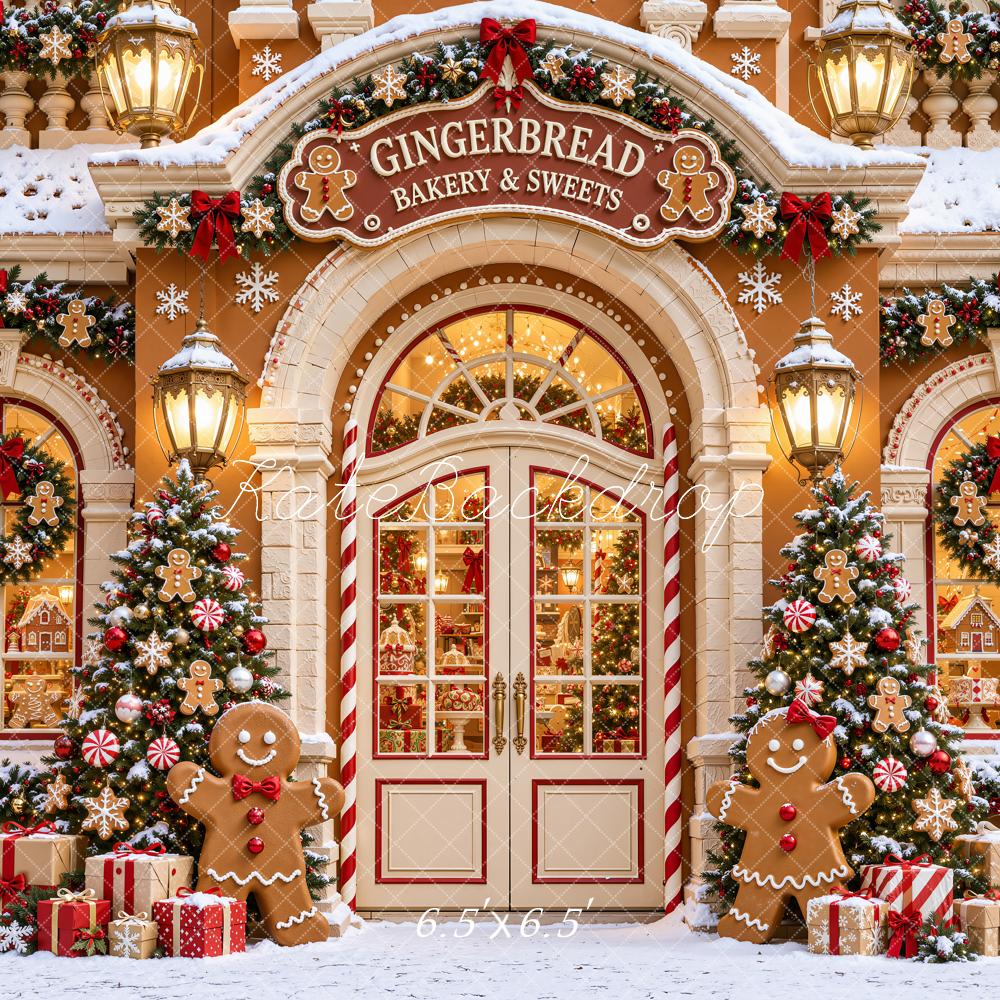 Kate Christmas Gingerbread Bakery Snowy Storefront Printed Backdrop Designed by Emetselch
