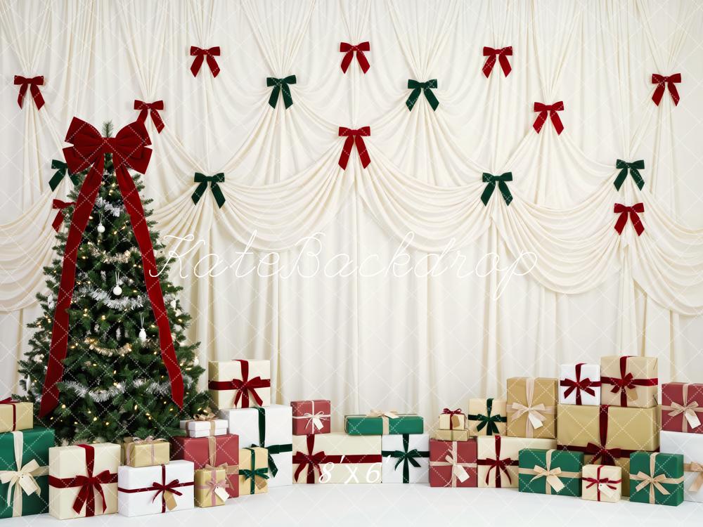 Kate Christmas Tree Elegant Ribbon Wall Gift Boxes Red Green Bows Printed Backdrop Designed by Patty Roberts