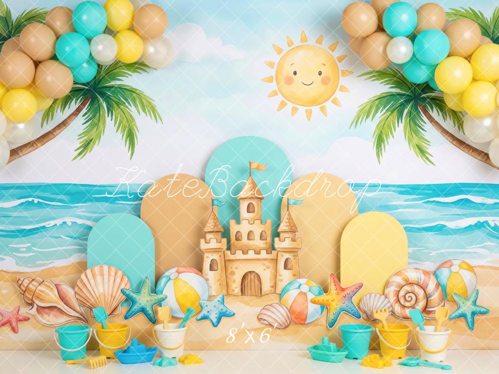 Kate Summer Beach Sandcastle Palm Trees Shells Balloons Printed Backdrop Designed by Patty Roberts