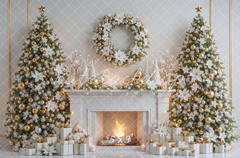 Kate Christmas White Gold Poinsettias Trees Fireplace Wreath Presents Printed Backdrop Designed by Mini MakeBelieve