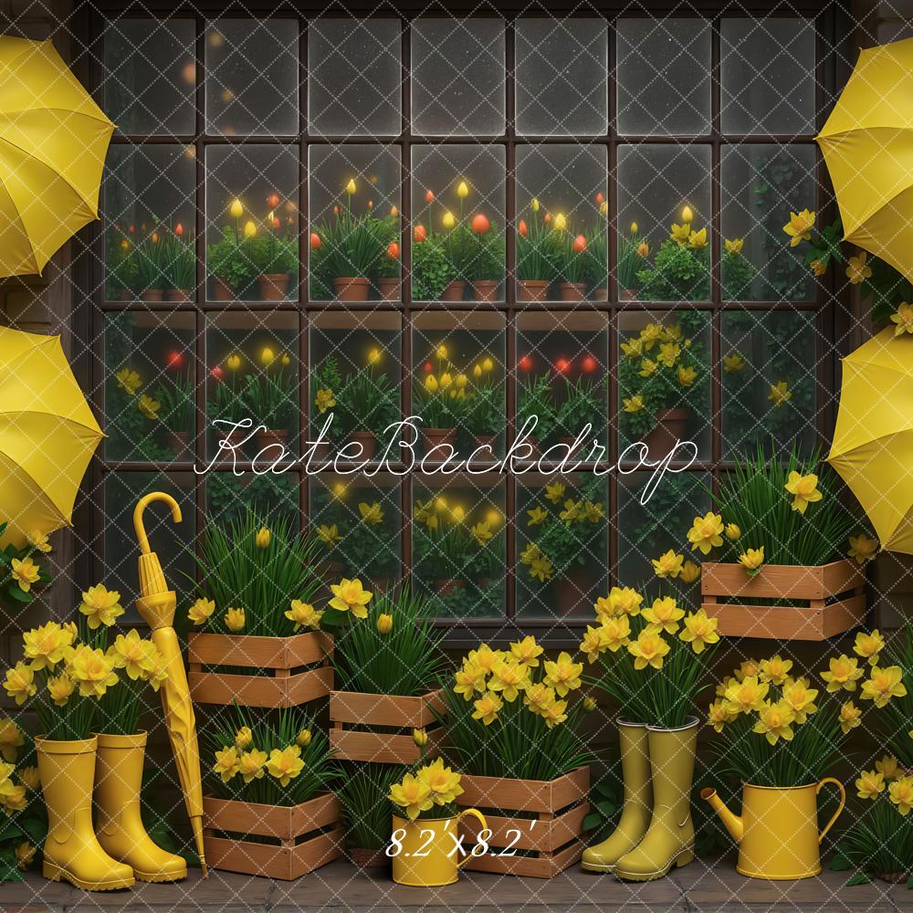 Kate Spring Yellow Umbrellas Rain Boots Daffodils Window Backdrop Designed by Mini MakeBelieve