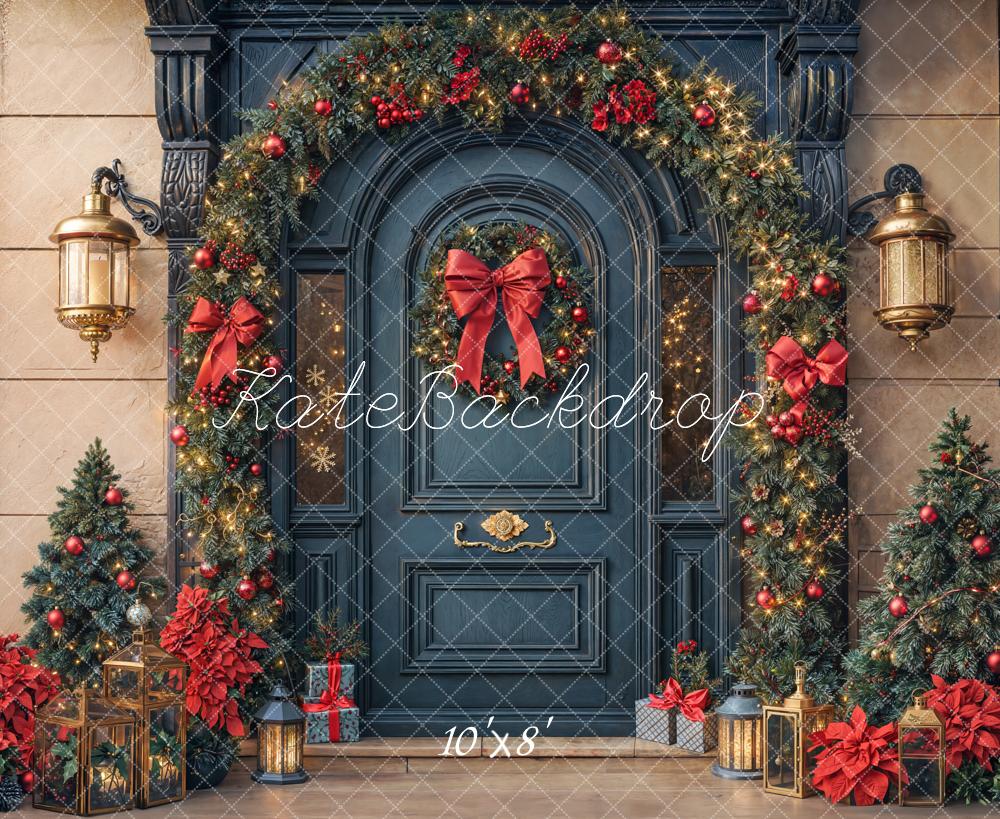 Kate Christmas Retro Garland Door Wreath Red Bows Poinsettias Backdrop Designed by Emetselch