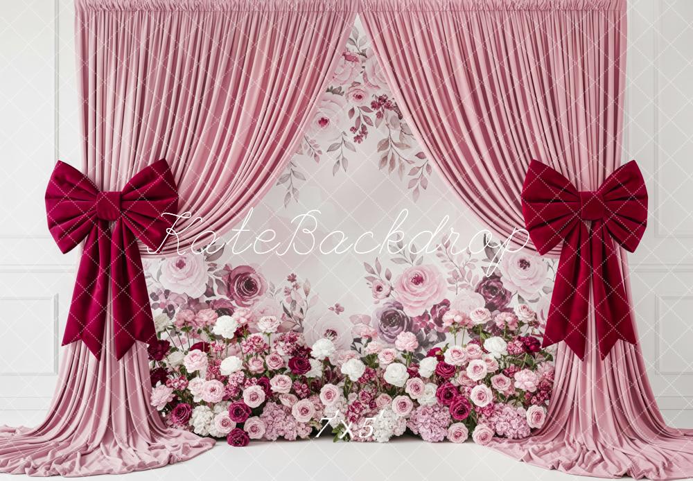 Kate Mother's Day Pink Curtain Floral Wall with Red Bows Backdrop Designed by Patty Roberts