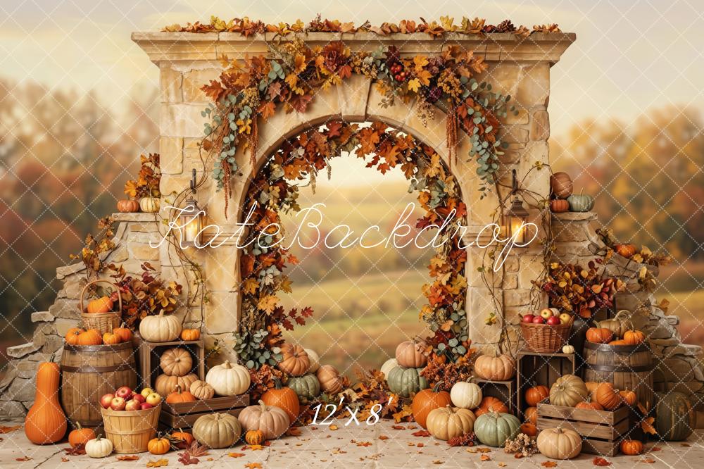 Kate Fall Stone Arch Floral Pumpkin Printed Backdrop Designed by Patty Roberts