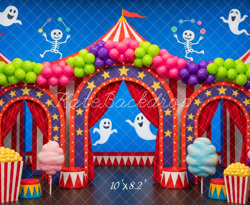 Kate Halloween Circus Ghosts Skeletons Balloons Popcorn Backdrop Designed by Patty Roberts