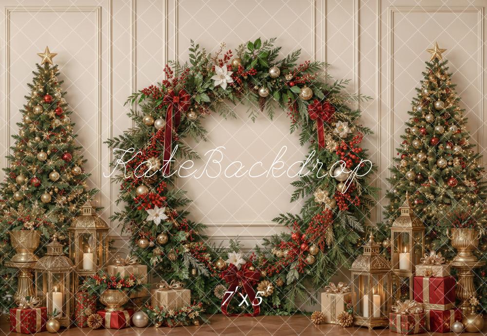 Kate Christmas Greenery Wreath Arch Trees Lanterns Cozy Printed Backdrop Designed by Emetselch