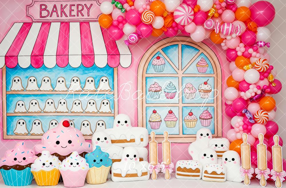 Kate Halloween Bakery Shop Ghosts Cupcakes Pink Balloons Backdrop Designed by Patty Roberts