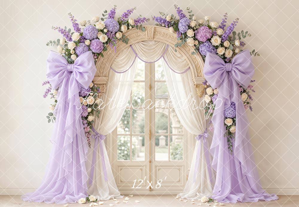 Kate Mother's Day Flower Arch Purple Bow Drapes Window Printed Backdrop Designed by Emetselch