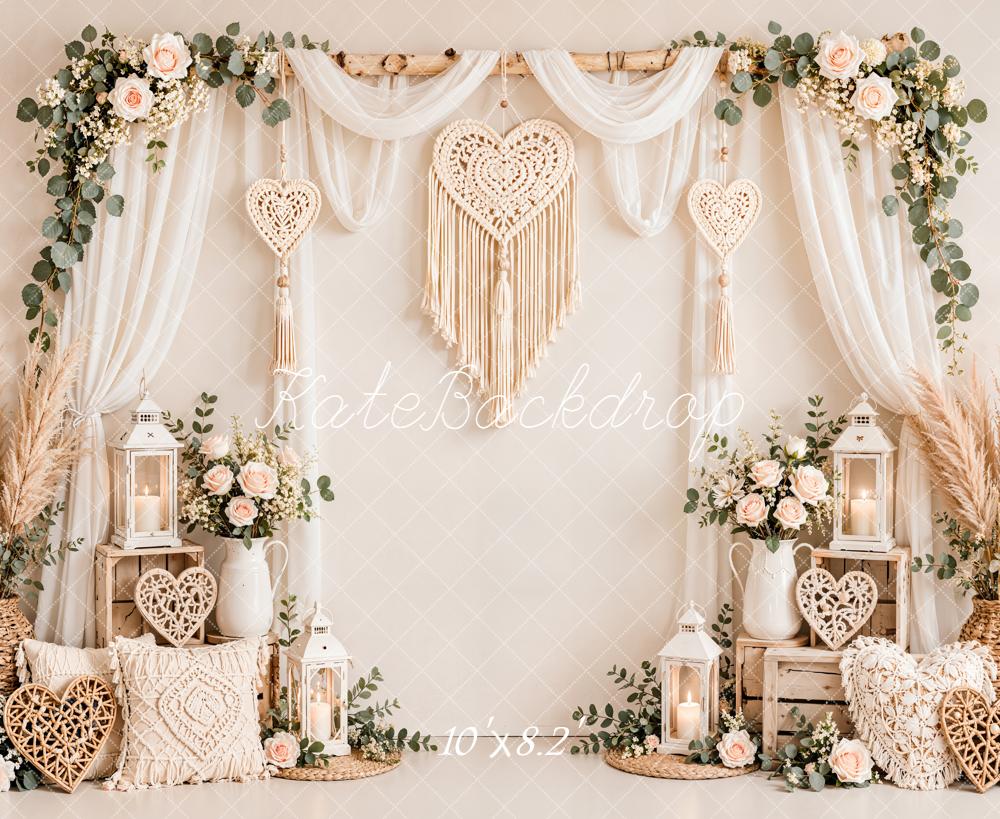 Kate Valentine's Day Boho Flower Arch Macrame Heart Sheer Drapes Printed Backdrop Designed by Emetselch