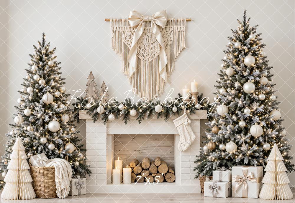 Kate Christmas Boho White Fireplace Trees Macrame Printed Backdrop Designed by Emetselch