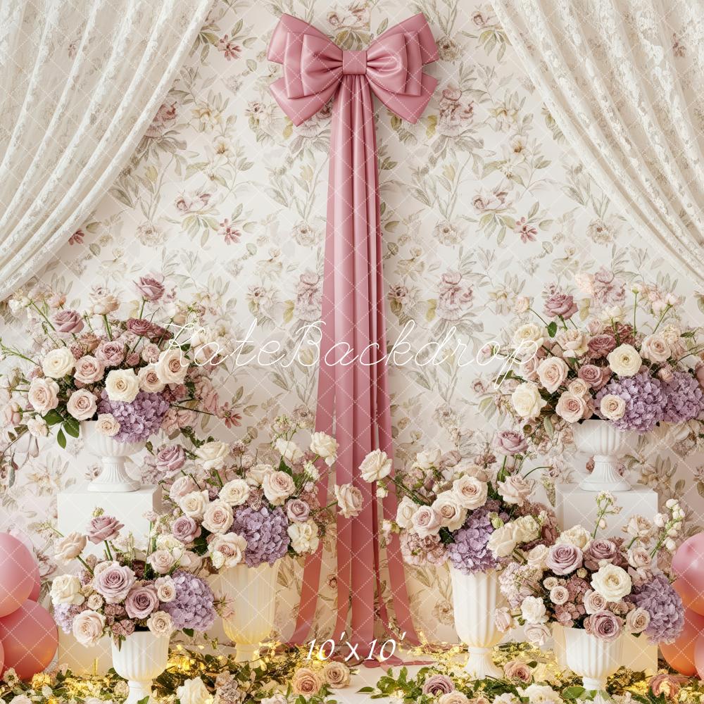Kate Spring Mother's Day Floral Curtain Pink Bow Balloons Backdrop Designed by Patty Roberts