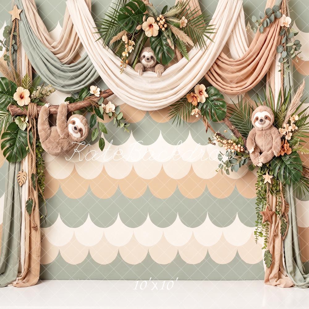 Kate Cake Smash Jungle Sloth Floral Drapery Printed Backdrop Designed by Angela Miller