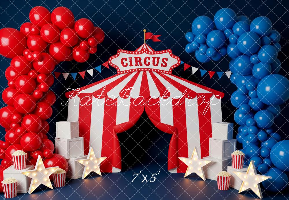 Kate Cake Smash Circus Tent Red Blue Balloon Popcorn Stars Printed Backdrop Designed by Patty Roberts