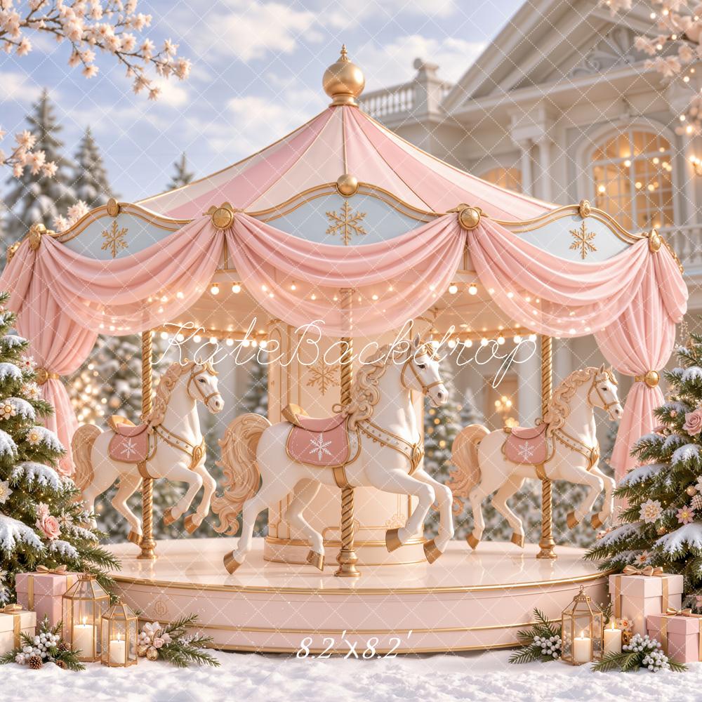 Kate Christmas Pink Carousel Snowy Trees Printed Backdrop Designed by Emetselch