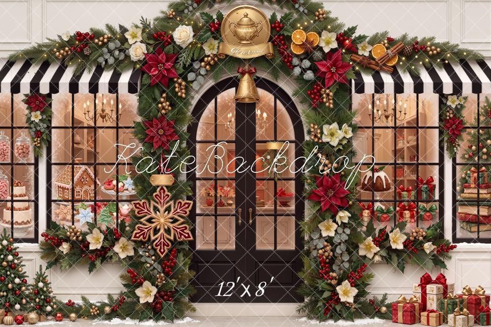Kate Christmas Shop Front Garland Poinsettia Gifts Printed Backdrop Designed by Chain Photography