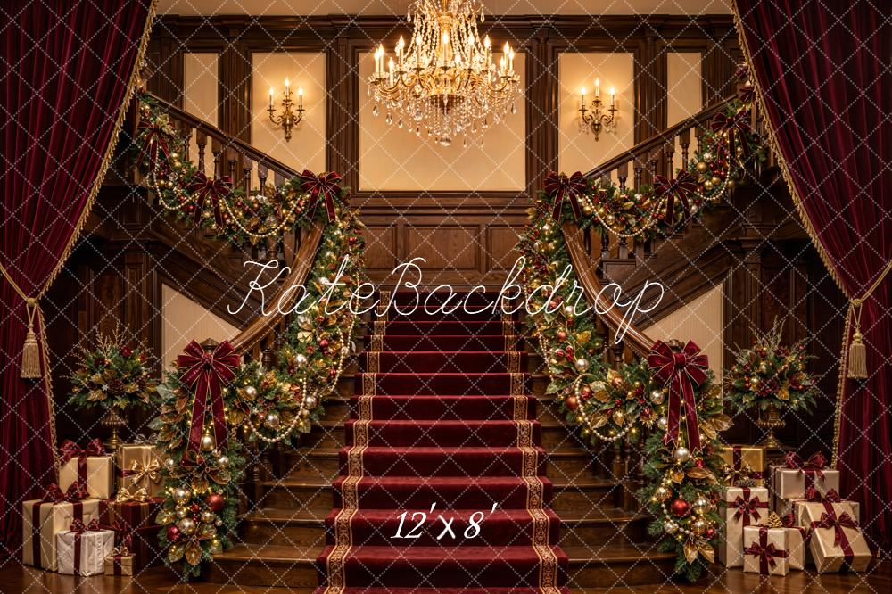 Kate Christmas Grand Staircase Chandelier Garland Red Curtains Printed Backdrop Designed by Emetselch