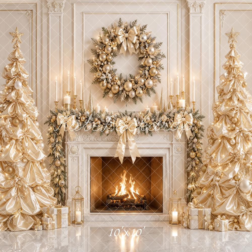 Kate Christmas Gold Satin Trees Wreath Fireplace Garland Printed Backdrop Designed by Emetselch
