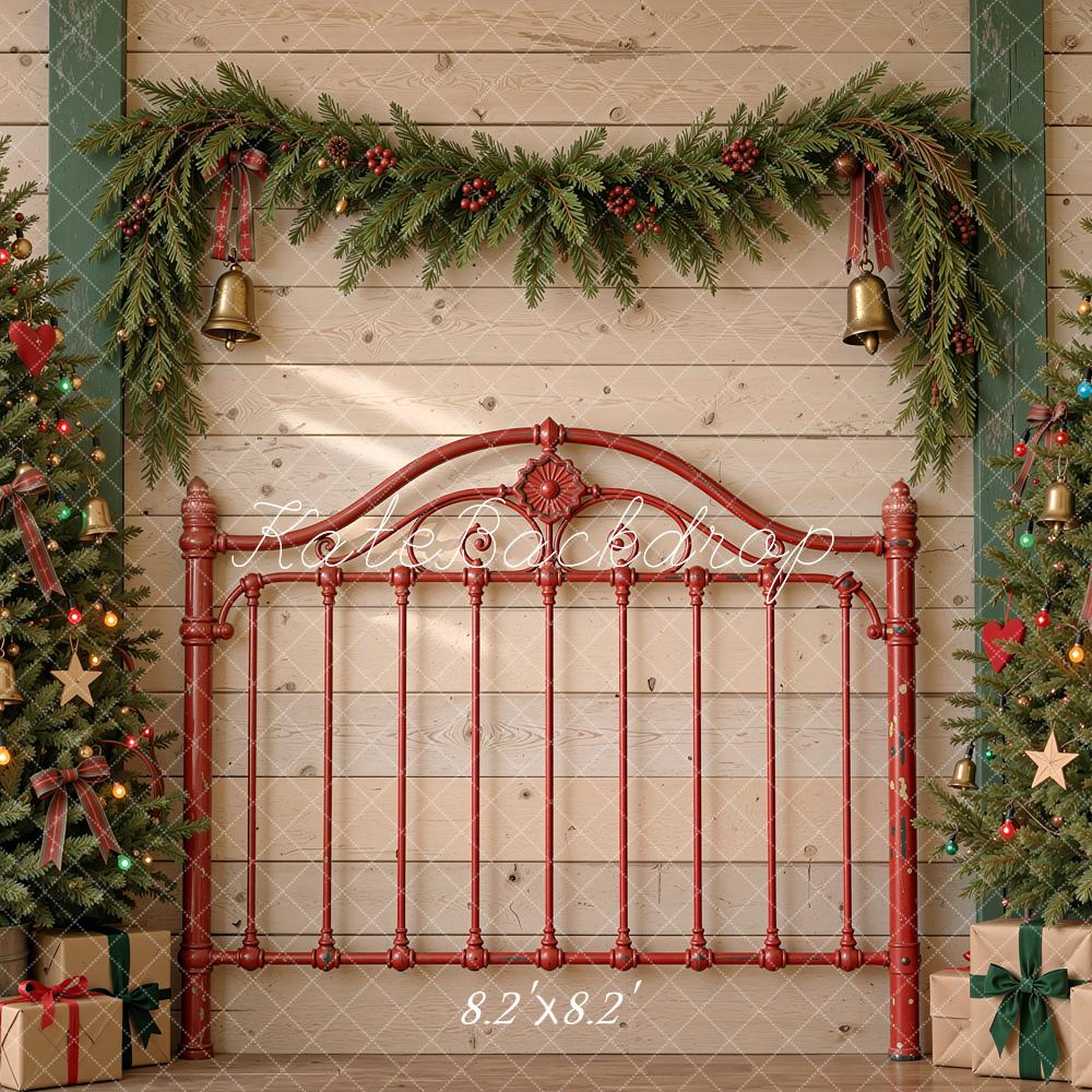 Kate Christmas Trees Red Iron Headboard Garland Printed Backdrop Designed by Shutter Swan Studios