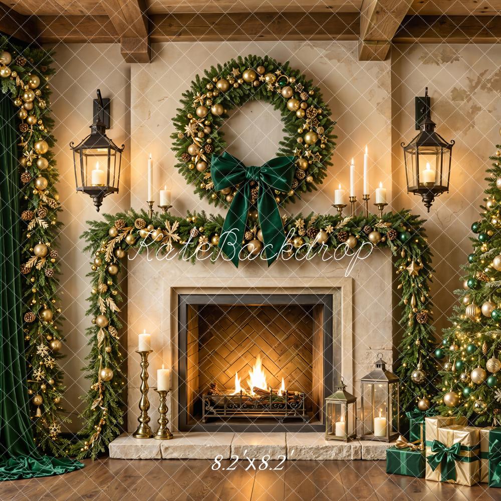 Kate Christmas Tree Fireplace Wreath Garland Gifts Green Curtains Printed Backdrop Designed by Emetselch