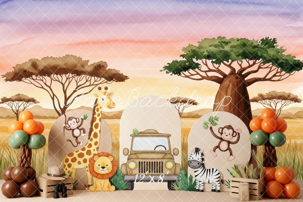 Kate Birthday Jungle Safari Animals Car Sunset Balloons Backdrop Designed by Patty Roberts