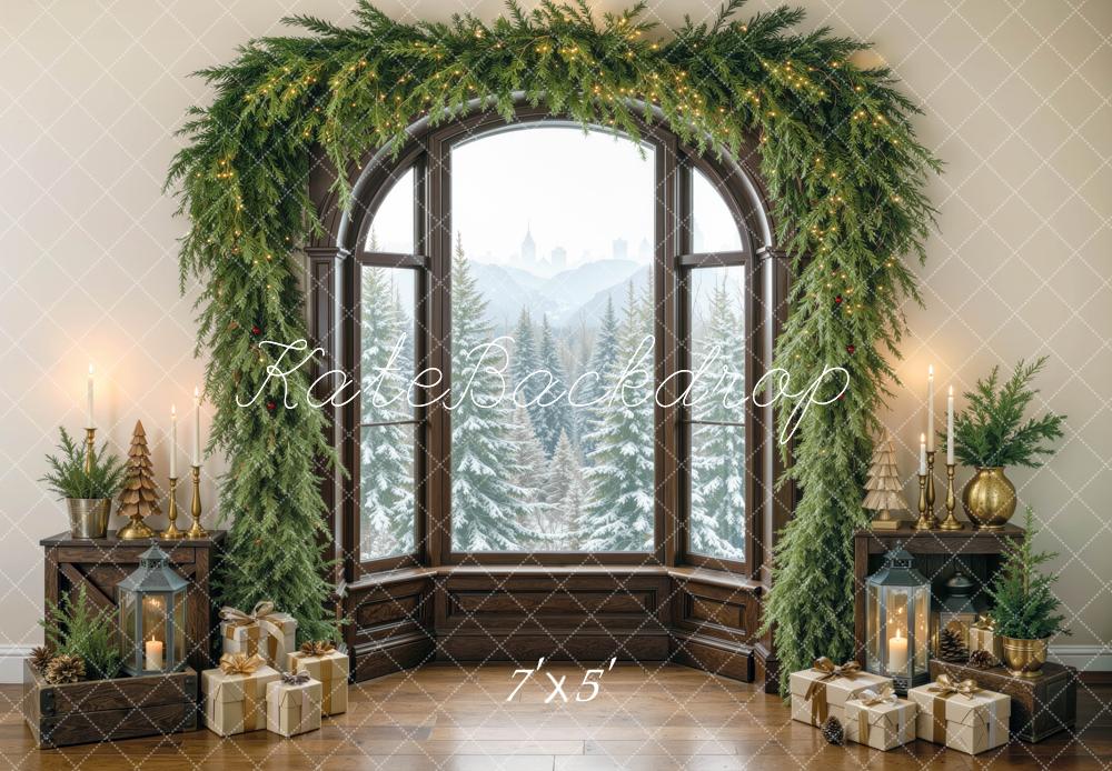 Kate Christmas Evergreen Garland Window Gifts Brown Printed Backdrop Designed by Mini MakeBelieve