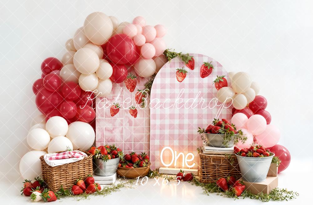 Kate Cake Smash Strawberry Picnic Balloons Pink Gingham Backdrop Designed by Emetselch