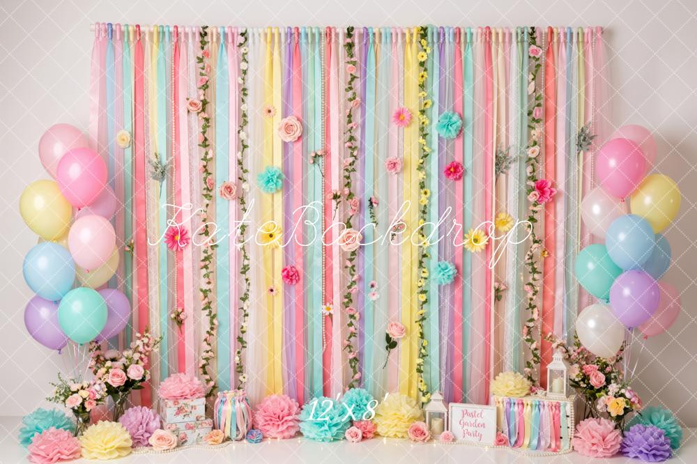 Kate Cake Smash Pastel Ribbons Floral Balloon Party Printed Backdrop Designed by Patty Roberts