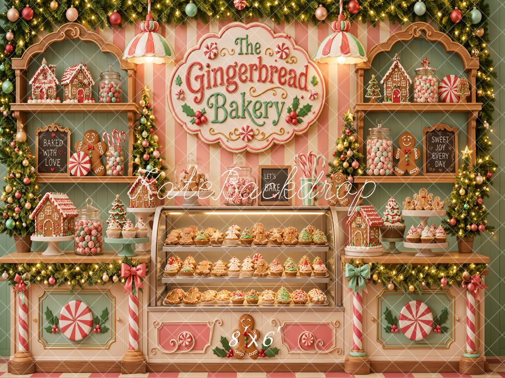 Kate Christmas Gingerbread Bakery Shop Candy Display Striped Wall Printed Backdrop Designed by Emetselch