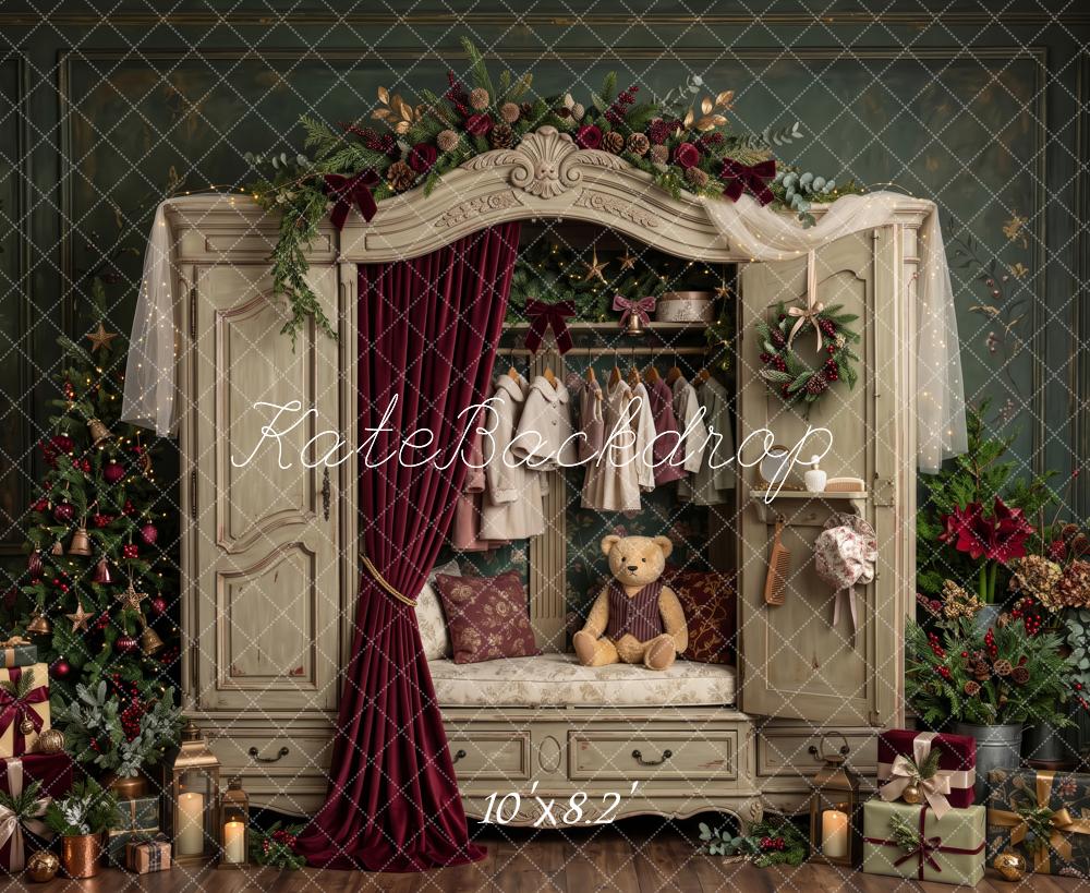 Kate Christmas Vintage Wardrobe Teddy Bear Tree Printed Backdrop Designed by Patty Roberts