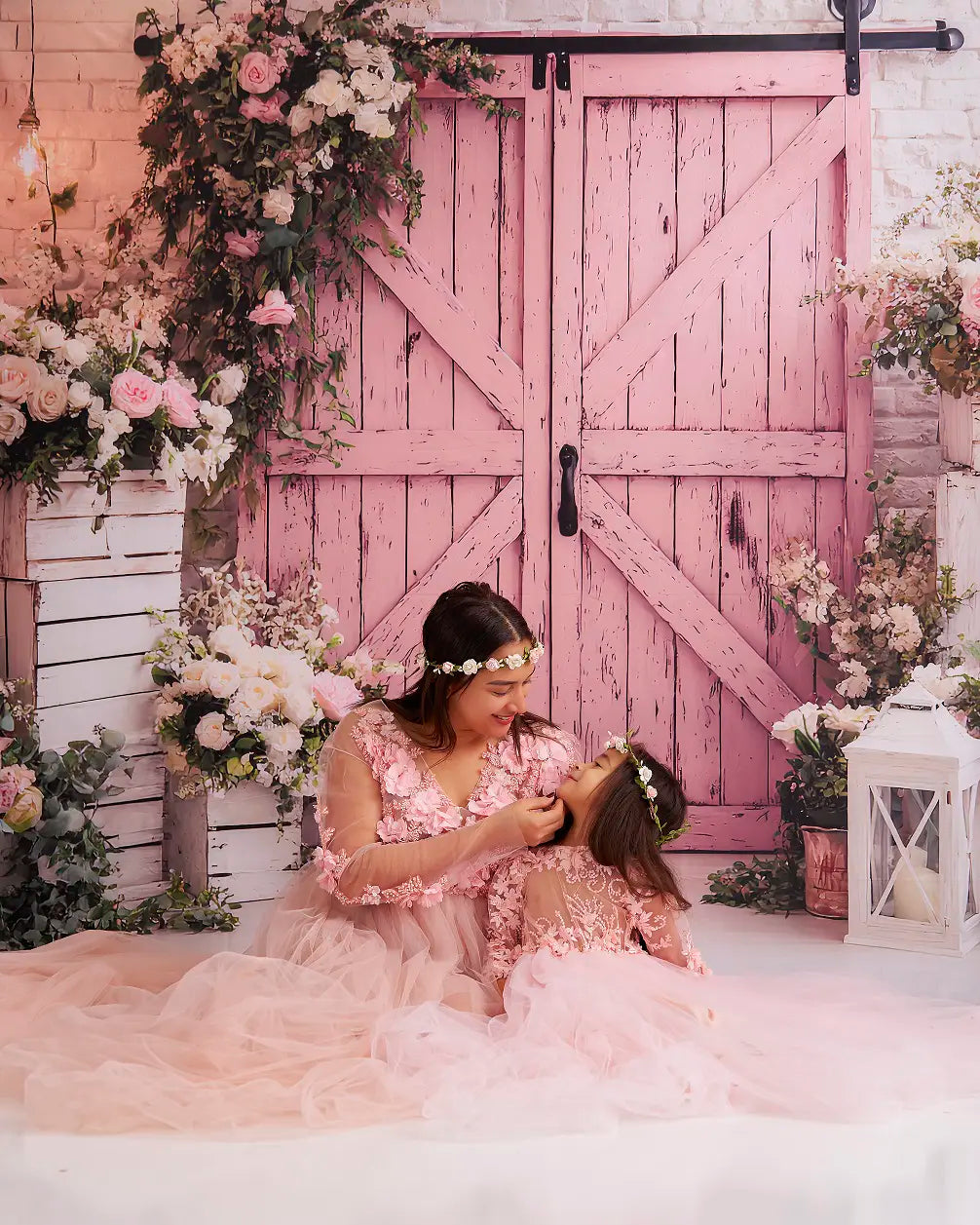 Kate Spring Pink Barn Door Flower Arch White Crates Lantern Backdrop Designed by Ashley Paul