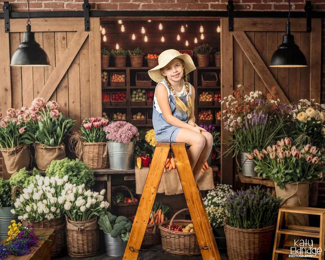 Kate Flower Market Fruits Vegetables Rustic Barn Brick Wall Printed Backdrop Designed by Emetselch
