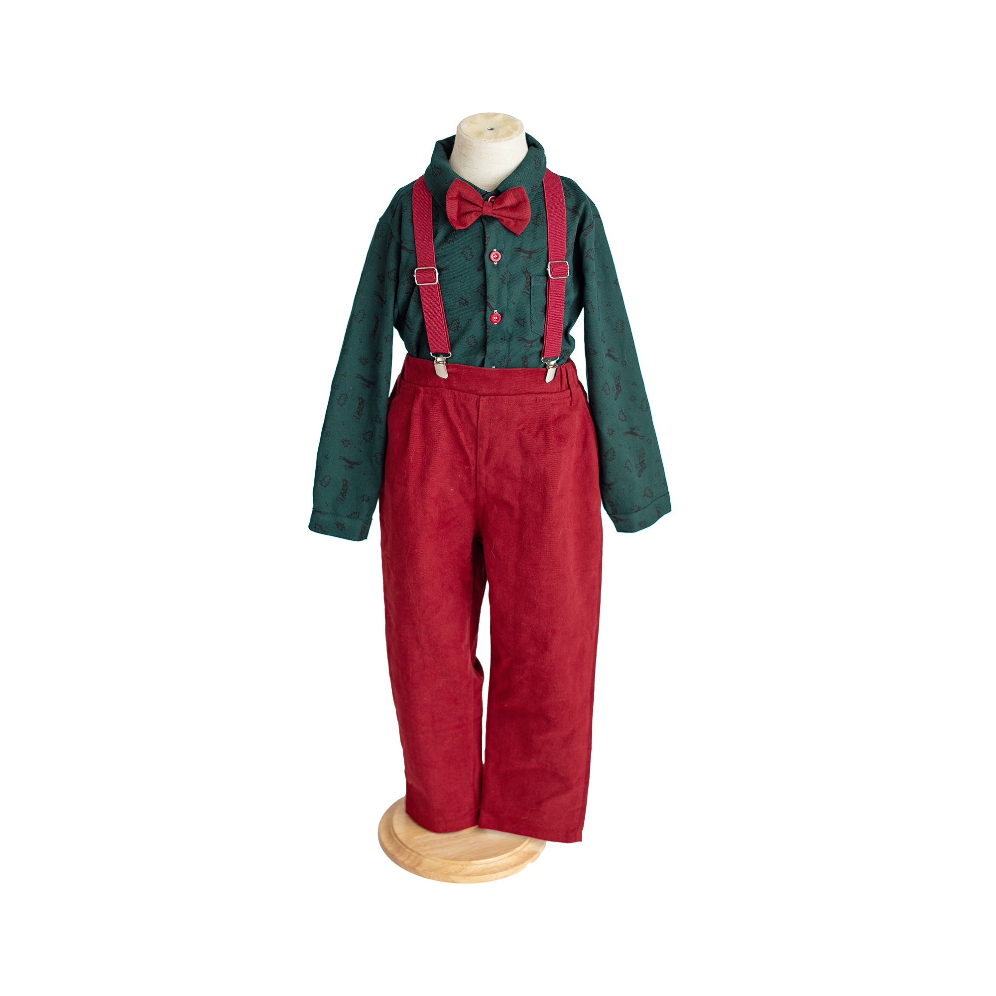 Kate Christmas Kids Green Shirt And Red Overalls Set for Children