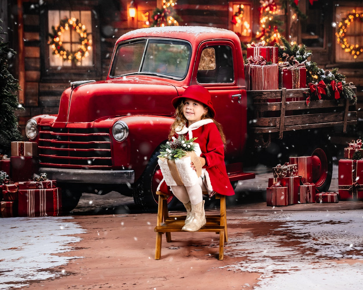 Kate Christmas Red Truck Snowy Cabin Gifts Backdrop+Winter Snow Ground Floor Backdrop
