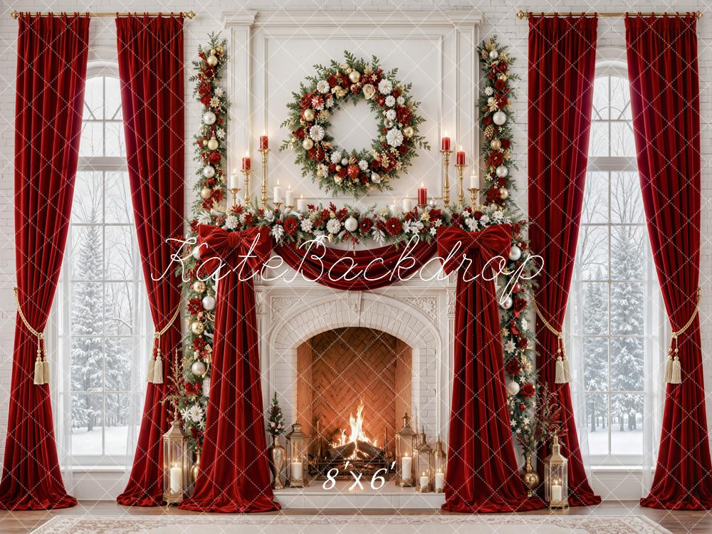 Kate Christmas Red Curtains Fireplace Wreath Garland Printed Backdrop Designed by Emetselch