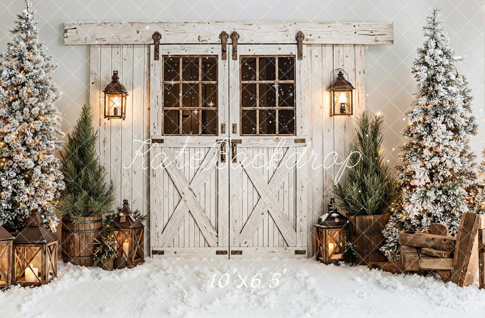 Kate Christmas Barn Door Lanterns Snowy Trees White Backdrop Designed by Emetselch