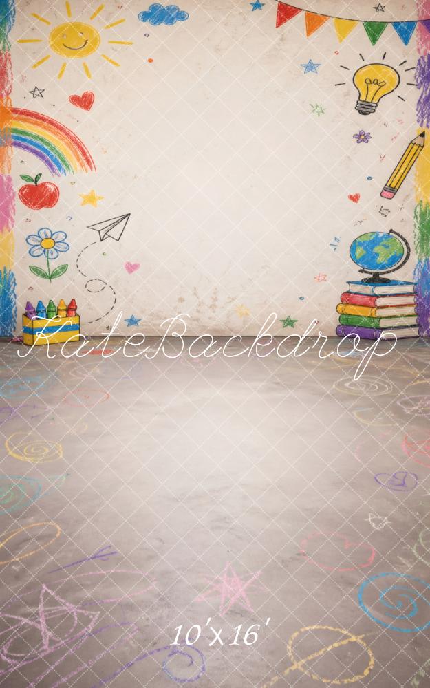 Kate Sweep Back to School Crayon Doodle Rainbow Books Wall Printed Backdrop Designed by Vertigo Productions