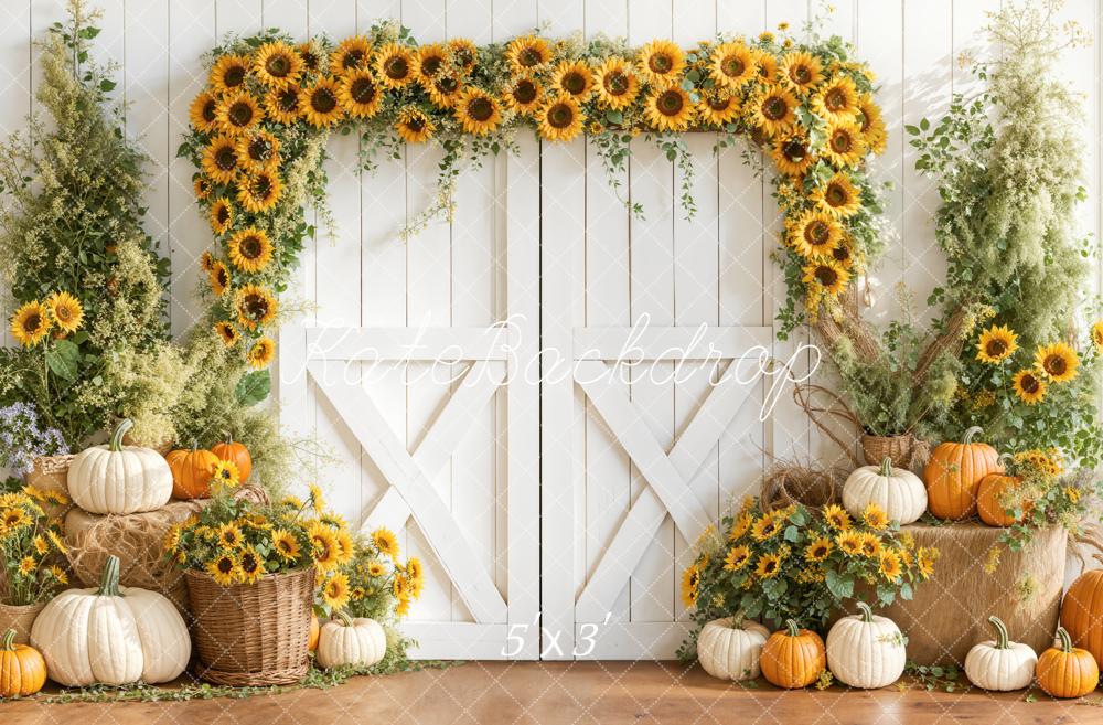 Kate Fall Sunflower Arch White Barn Pumpkins Rustic Backdrop Designed by Emetselch