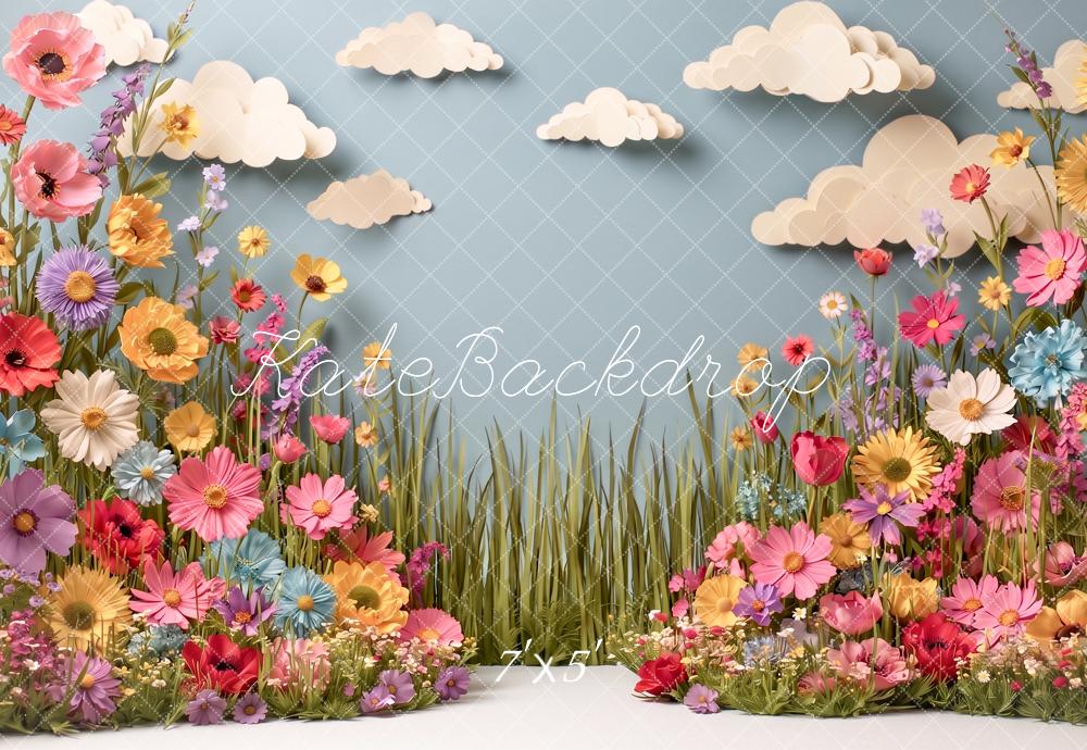 Kate Spring Paper Flowers Wildflower Meadow Clouds Printed Backdrop Designed by Angela Miller