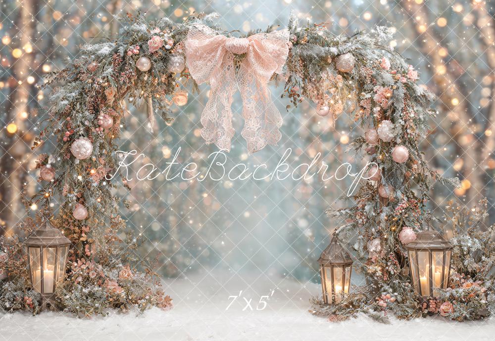 Kate Christmas Arch Pink Bow Lanterns Snowy Forest Backdrop Designed by Ashley Paul