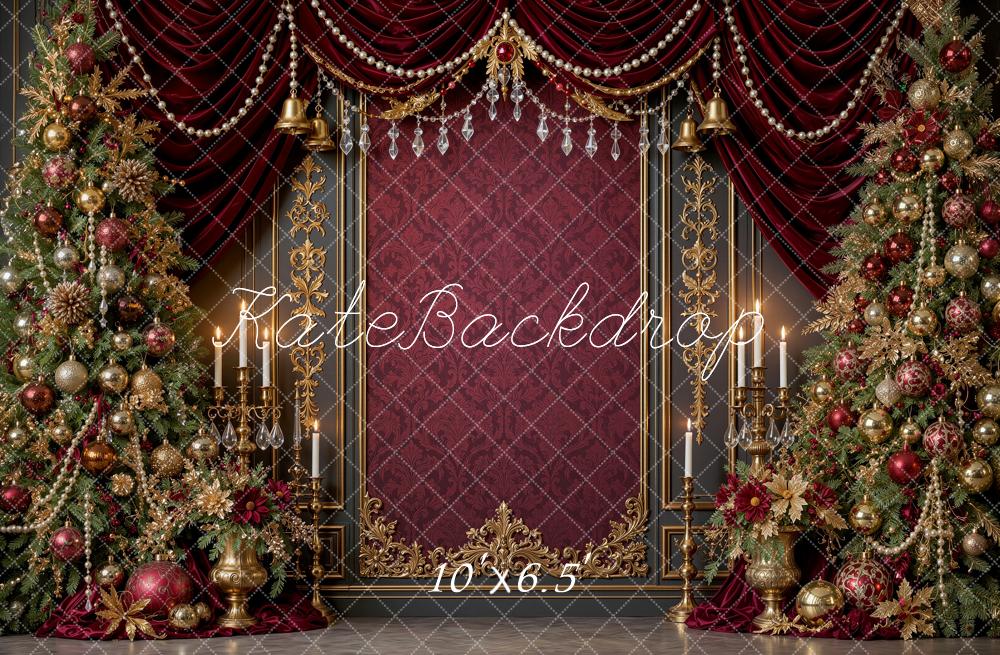 Kate Christmas Trees Ruby Burgundy Gold Drapes Vintage Wall Printed Backdrop Designed by Shutter Swan Studios