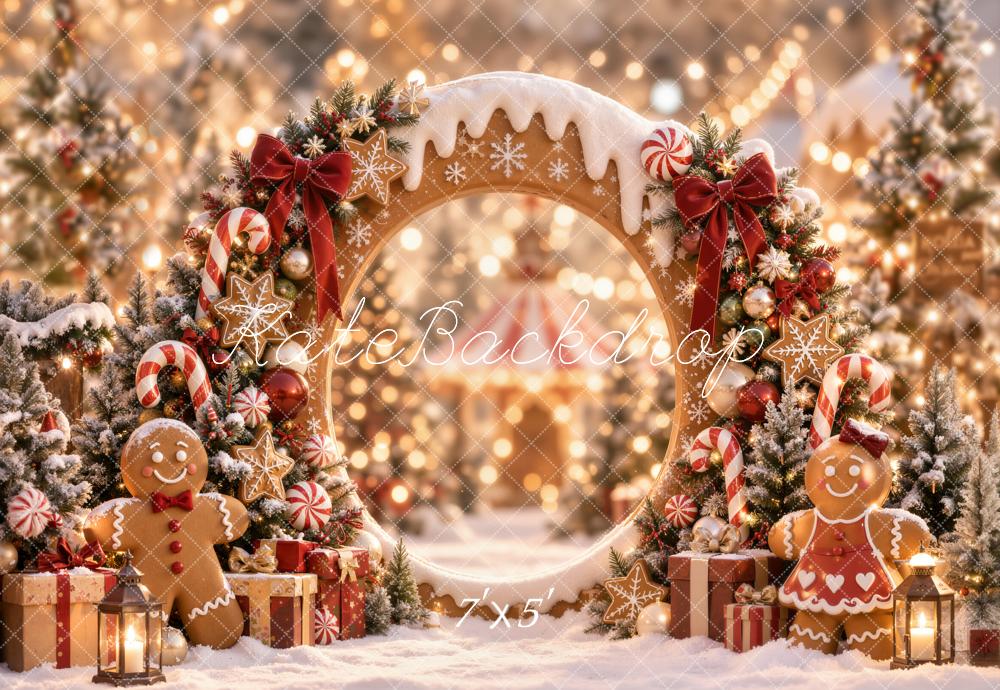 Kate Christmas Gingerbread Circle Arch Candy Cane Snowy Printed Backdrop Designed by Emetselch