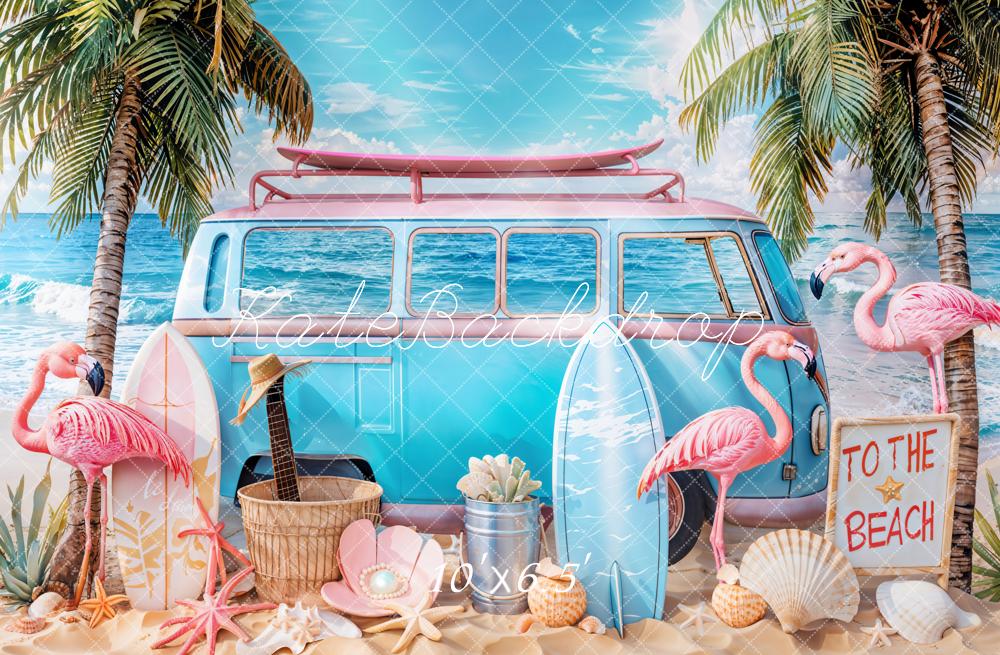 Kate Summer Beach Flamingo Van Backdrop Designed by Emetselch