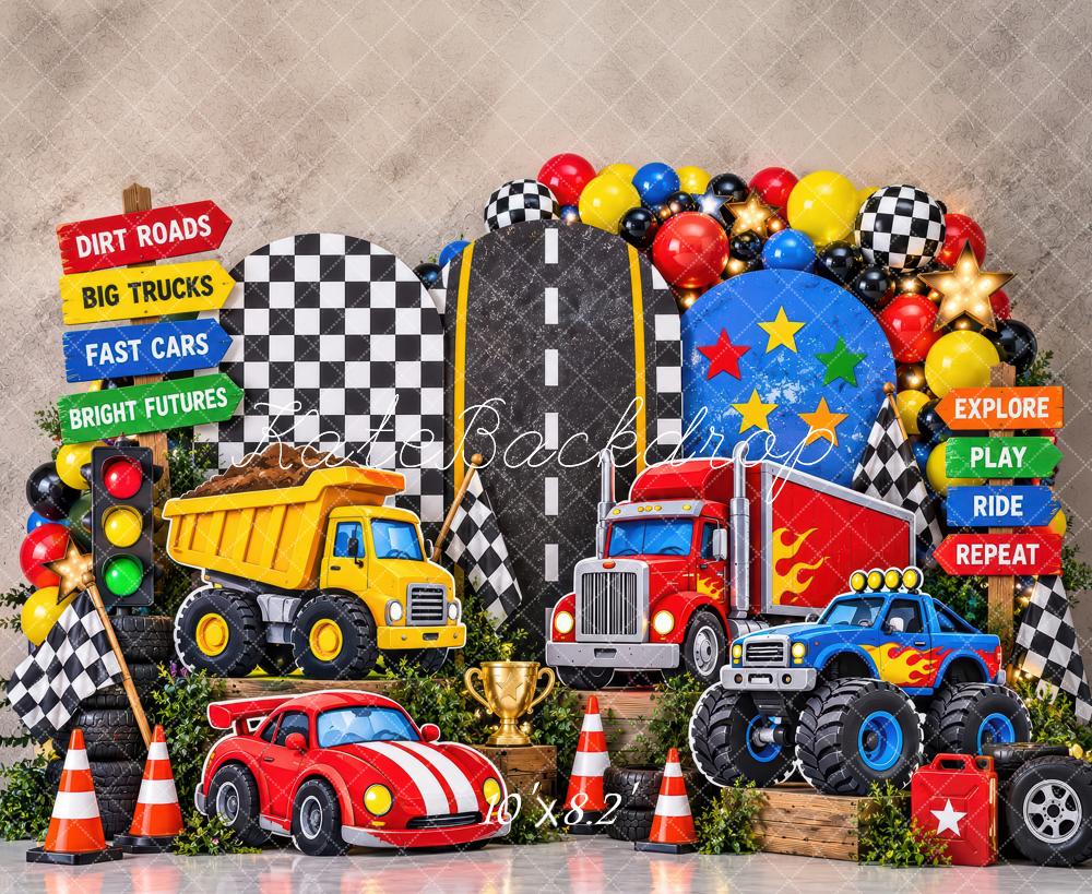 Kate Cake Smash All the Trucks Racing Cars Boys Printed Backdrop Designed by Laura Bybee