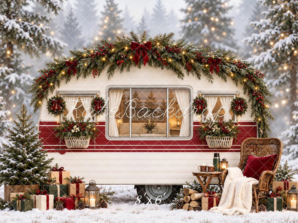 Kate Christmas Camper Snowy Forest Garland Tree Chair Printed Backdrop Designed by Emetselch