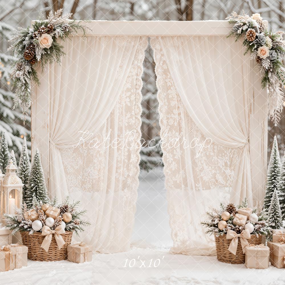 Kate Christmas White Lace Drapes Winter Flower Arch Snow Printed Backdrop Designed by Emetselch