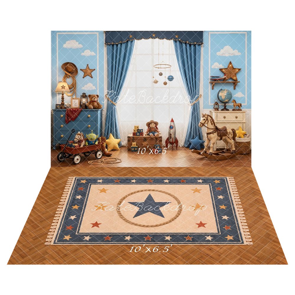 Kate Cowboy Kids Room Blue Curtains Rocket Toy Horse Stars Clouds Printed Backdrop+Star Rug Rope Woven Floor Printed Backdrop